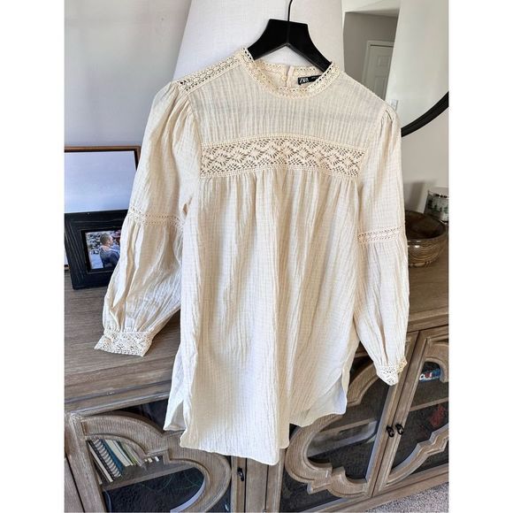 Zara Tops Zaracream Cheesecloth Smock Blouse Linen Blend Long